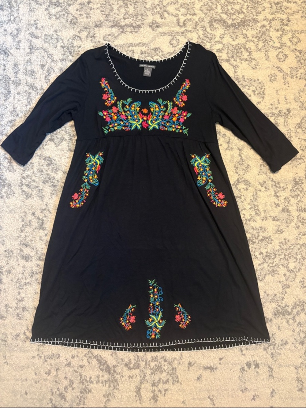 Chelsea & Theodore Black Dress with Multicolor Floral Embroidery Size XL